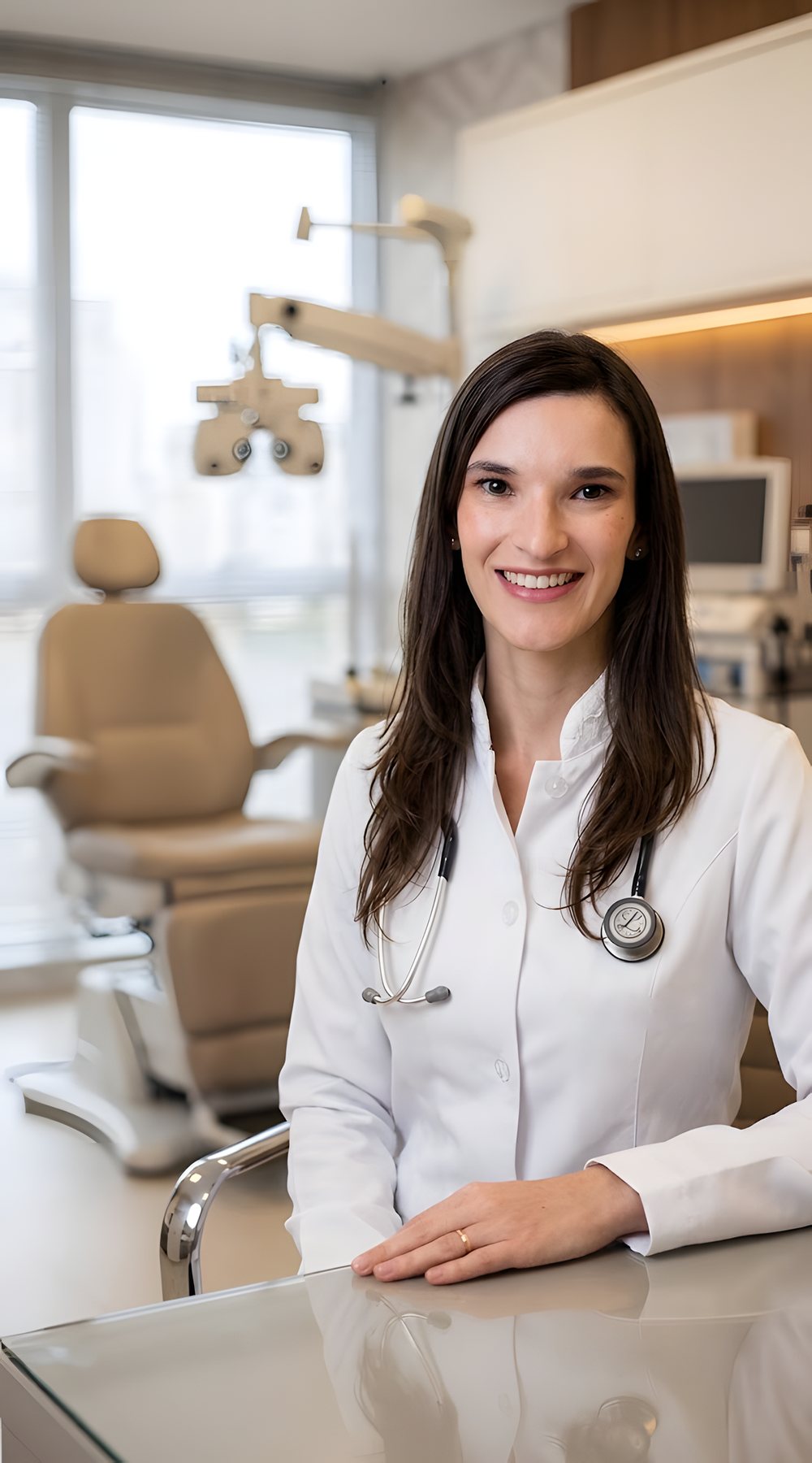 Dra. Laís Cristina de Pin, otorrinolaringologista, em seu consultório